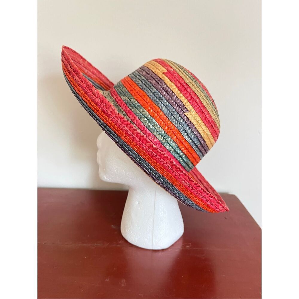Handwoven Rainbow Braided Straw Wide Brim Sun Hat Boho Festival Garden 22"